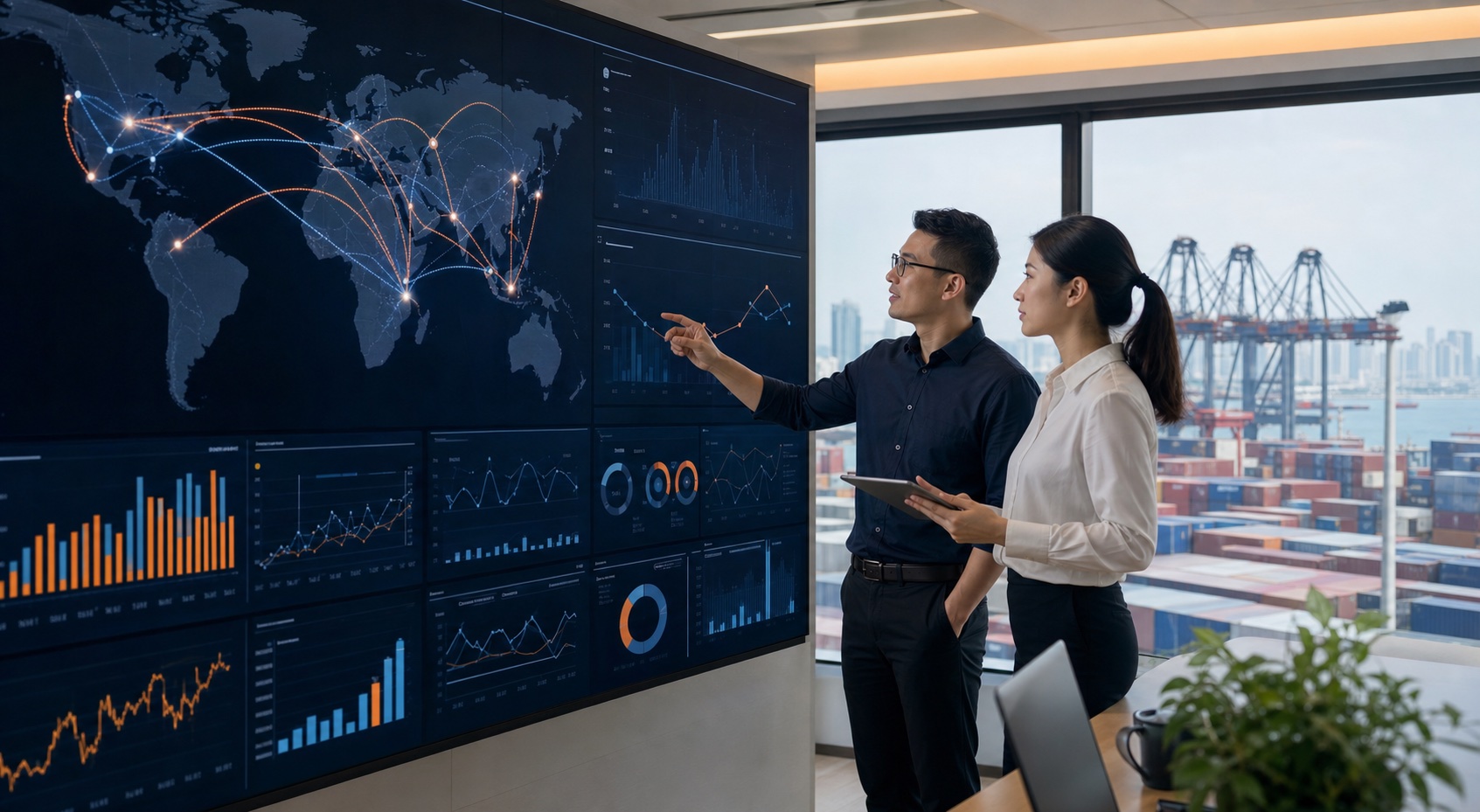 Supply chain team monitoring logistics exceptions