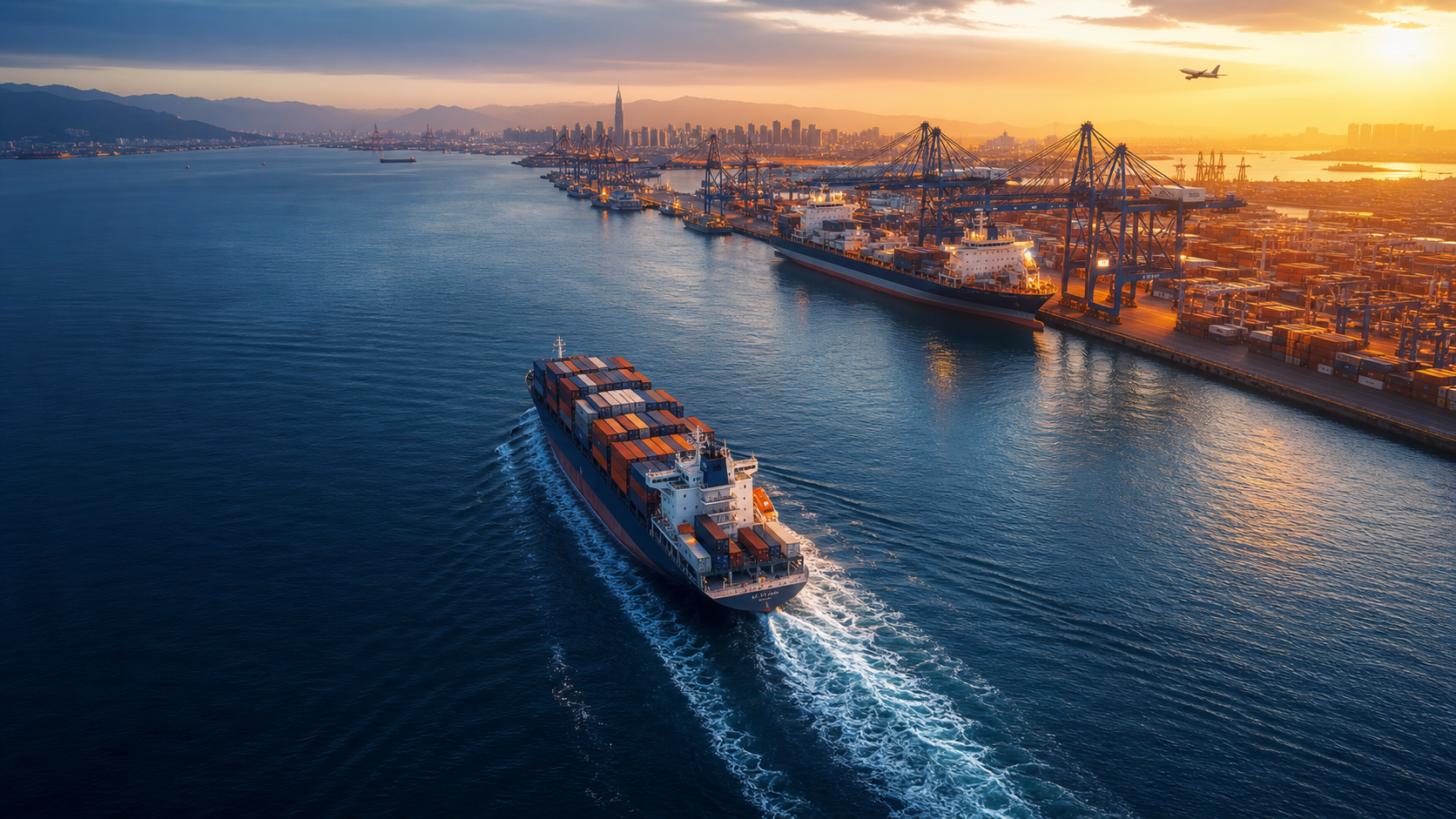 Container ship approaching a smart international port