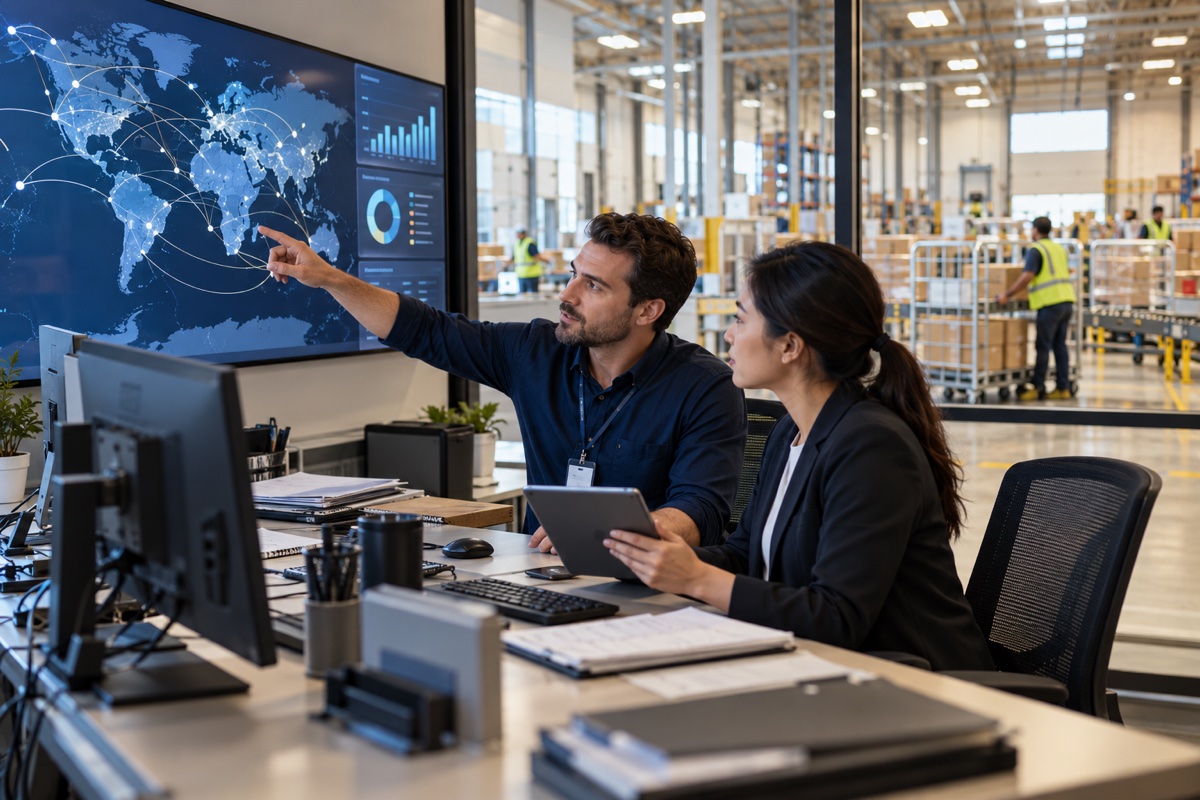A logistics team coordinating warehouse operations and global shipments
