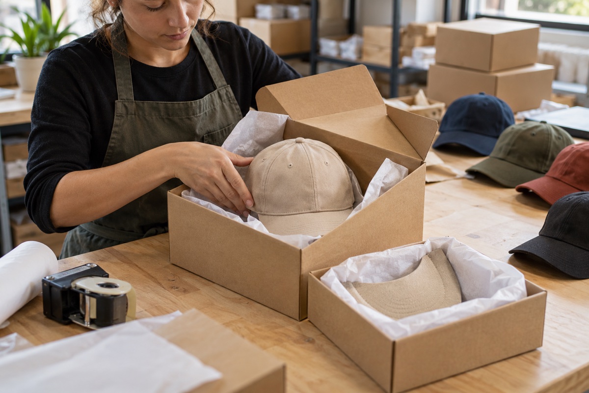 Protective packaging for a structured baseball cap in a rigid shipping box
