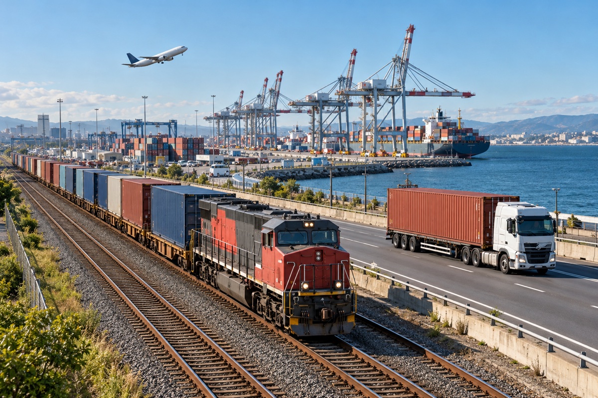 intermodal rail, road, ocean and air freight at a logistics hub