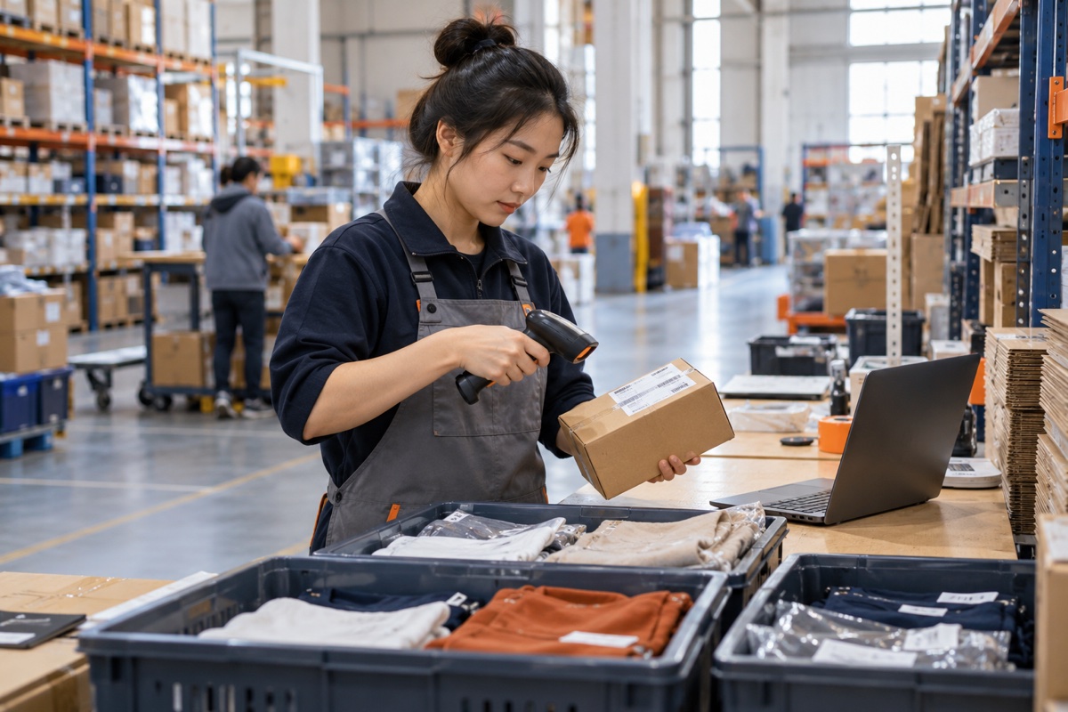 Ecommerce order scanning and apparel fulfillment at a warehouse workbench