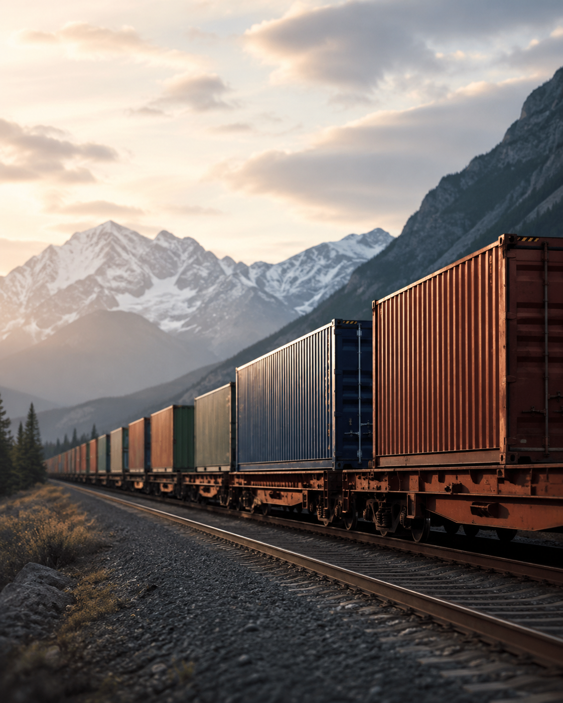 Rail freight containers crossing a mountain route